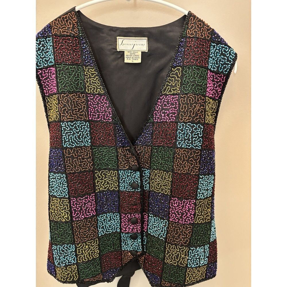 Spenser Jeremy Vintage Multicolor & Blk Beaded Sequin Embellished 100% Silk Vest - Picture 6 of 15